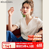 Olrain欧芮儿白色V领短袖衬衫女夏季宽松泡泡袖重工刺绣蕾丝衫衬衣女 白色 XL