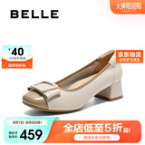 百丽舒适优雅单鞋女2025新款春真皮蝴蝶结方跟鞋D3S1DAQ5 米白 38
