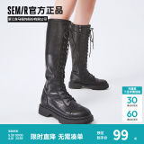 Semir官方正品时装靴女靴春秋季新款潮流休闲高帮系带机车靴长筒靴女 黑色 37
