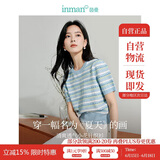 茵曼百搭轻薄通勤风女装条纹针织短袖t恤夏季显瘦套头上衣 蓝色 S