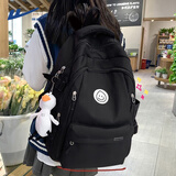 回力书包学生女新款初中生高中生大容量背包简约双肩包宽肩带书包轻便 黑色【升级款+冲天鸭挂件】