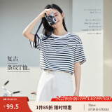 茵曼（INMAN）条纹圆领T恤女夏季新款套头休闲宽松显瘦纯棉短袖上衣 蓝白条 XL