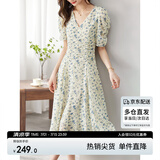 尚都比拉夏季法式碎花连衣裙泡泡袖茶歇裙气质女神范裙子 杏底蓝花 M 