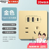 国际电工双USB插座面板20W快充墙壁无需充电头Type-c家用五孔插座快充面板 五孔20W快充USB+type-c【金色】