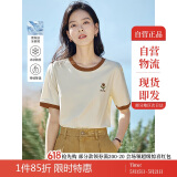 茵曼凉感撞色绣花女装正肩短袖t恤2025夏季新品打底衬衫上衣 梨花杏 L
