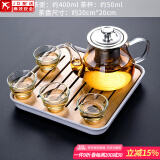 正扬玻璃茶具套装家用日式功夫简约整套茶盘小办公泡茶壶茶杯透明过滤 400不锈钢(4反口)套装+四方条白