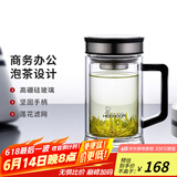 希诺（HEENOOR）双层玻璃杯男士耐热防烫带把带手柄商务办公玻璃水杯过滤茶杯子 时尚拉丝杯盖-不锈钢部件420ml