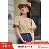 茵曼（INMAN）法式方领显瘦衬衫女士夏季新款气质泡泡袖宽松新疆棉衬衣 卡其色 S