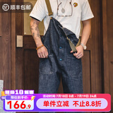马登工装美式复古情侣甲板背带裤水洗丹宁直筒阔腿牛仔裤休闲长裤男潮 牛仔蓝 XL