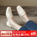 ZHR乐福鞋女一脚蹬真牛皮粗跟单鞋女懒人鞋方头软底舒适英伦风小皮鞋女 BL66 米色 37 