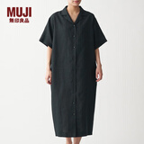 无印良品 MUJI 女式 法国亚麻水洗 五分袖开襟连衣裙 BCL08C0S 黑色 M-L