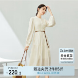 尚都比拉秋季时尚优雅圆领设计感宽松长款气质女神范连衣裙 杏色 XL 