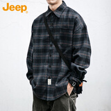JEEP吉普长袖衬衫男士秋冬季复古格子工装衬衣休闲外套男装 藏青 XL