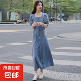 减龄气质设计感中长款牛仔连衣裙女夏季大码收腰显瘦背带裙胖妹妹 蓝色短袖中长款连衣裙单款 S