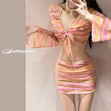 沐霓比基尼泳衣女款分体四件套装长袖防晒时尚条纹性感度假泡温泉泳衣 均码 建议70-120斤