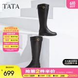 他她（TATA）超模骑士靴女靴加绒大筒围长筒靴高筒靴冬新款 黑色（金属圈-单里） 36