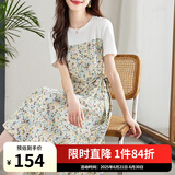 熙世界sllsky假两件碎花连衣裙女2025夏季新款短袖圆领不规则荷叶边裙子 橄榄石绿 M