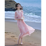 德玛纳【花漾佳人】夏季浪漫淑女顺纡绉印花收腰抽褶小个子女式连衣裙