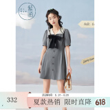 紫涵（ZIHAN）紫涵学院风连衣裙女夏季甜美撞色翻领收腰小个子A字短裙 灰色 L