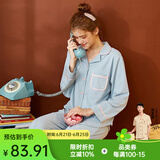 芬腾 睡衣女纯棉学生季简约纯色长袖长裤翻领全棉开衫家居服套装 浅兰 L