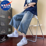 NASA MARVEL牛仔裤男士夏季七分裤直筒美式潮流透气户外休闲裤 复古蓝 XL