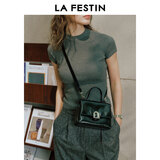 拉菲斯汀小号塌塌手提包包女士2025新款高级感单肩斜挎凯莉包 622010 飒飒黑-小号 | 质感油蜡皮