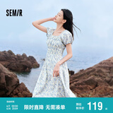 森马连衣裙女温柔气质白月光夏季法式方领收腰中长裙107424114036