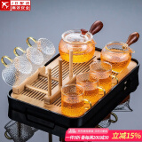 正扬玻璃功夫茶具套装家用锤纹花梨木双侧把泡茶壶耐热茶杯办公整套小 8头 锺侧花+6龙纹金+架+长琴黑