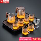 锤纹玻璃茶具套装家用功夫茶盘小套木柄办公会客加厚耐热茶壶茶杯 10头(雅致/木盖)+六色龙纹+长(琴韵/胡桃)黑