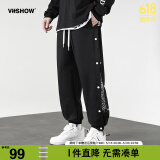 viishow新款休闲潮牌长裤腰果花拼接潮流侧边排扣印花嘻哈校园休闲束脚裤 黑色 L