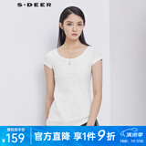 S.DEER圣迪奥女装夏素雅简约镂空绣花斜摆短袖内搭白色T恤S192A0197 白色/90 S/160
