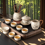 瓷牌茗茶具 富竹盖碗茶壶茶具整套高档汝窑功夫泡茶器家用开片可养茶具 汝窑富竹盖碗10件套+茶道+茶盘