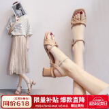 ZHR凉鞋女夏季新品仙女风粗跟一字带方头女鞋不规则交叉绊带高跟鞋子 杏色（纯色款） 37