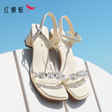 红蜻蜓一字带女凉鞋夏季法式粗跟水钻露趾高跟鞋WTK25099 米色 39