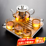 瓷牌茗茶具（cipaiming teaset） 透明玻璃茶具整套套装家用功夫茶壶茶杯会客泡茶器 透明八骏壶4个把杯+小四方盘