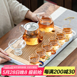 瓷牌茗 耐热透明玻璃茶具套装家用功夫茶杯带过内胆泡花茶壶红茶具杯整套茶盘 六彩八骏10件套+大长方盘