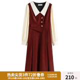 独束大码女装假两件撞色衬衫领连衣裙女秋冬微胖mm文艺复古穿搭裙子 勃艮第红【适合160左右】 XL