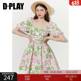 DPLAY夏季少女短裙海边度假绿色连衣裙女蝴蝶结裙子小个子沙滩裙 绿粉百合 S