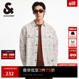 杰克·琼斯（JACK&JONES）春秋新款宽松翻领格纹花呢潮流百搭小香风外套长袖衬衫夹克男款 石灰花灰G01 常规 XL