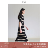 旅途原品（ltyp）真丝亚麻棉休闲V字翻领条纹针织连衣裙女直筒中长裙 杏黑色-经典条纹-真丝亚麻棉 L -XL-165-170cm（现货）