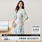 尚都比拉[100%桑蚕丝]夏季短袖真丝连衣裙女V领高级感气质印花裙 花色 L