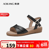 奥康（Aokang）女鞋坡跟一字带凉鞋牛皮舒适日常休闲外穿妈妈鞋T666688810黑38码