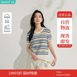 茵曼法式女装彩虹条针织短袖t恤夏季新潮通勤套头衬衫上衣 彩虹蓝 XL