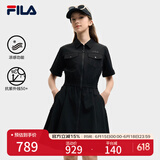 FILA 斐乐官方女装梭织工装连衣裙2025夏季新款时尚凉感防晒收腰裙子 正黑色-BK M 165/84A/M