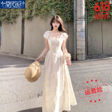 莫代尔法式温柔风提花泡泡袖收腰连衣裙女小众设计高级感度假风a字长裙 杏色 M
