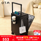 OTA前开口行李箱女新款pc宽拉杆密码箱多功能商务登机箱小型旅行箱男 曜石黑铝框款【前开盖设计+水杯架+USB充电】 24英寸 托运箱【三层PC材质+质检优于国标】