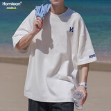 Homlean美式短袖T恤男春夏纯棉圆领透气舒适宽松简约上衣OM2白色L