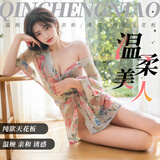 倾城鸟 性感睡衣女情趣内衣日式雪纺印花开衫和服透视睡袍角色扮演制服诱惑套装大码睡裙开档免脱丁字裤8145