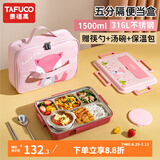 泰福高（TAFUCO）饭盒学生儿童不锈钢碗餐盘便当盒宝宝餐具上班族注水保温饭盒 1.5L小狐狸-五格【带汤碗餐具】