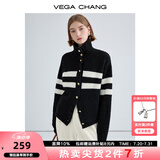 VEGA CHANG高领羊毛开衫女2025年秋冬新款加厚保暖气质条纹针织衫 毛绒黑 M